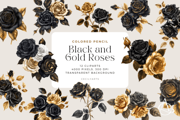 Download Colored Pencil Black Gold Roses Cliparts - Premium Bundle